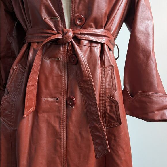 Vintage Leather Jacket Fur Trim Red 70s Penny Lane Boho Trench Afghan Coat Large - Picture 9 of 10